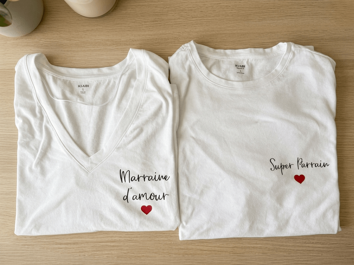 Duo de t-shirts personnalisés blancs floqués Marraine d'amour et Super Parrain
